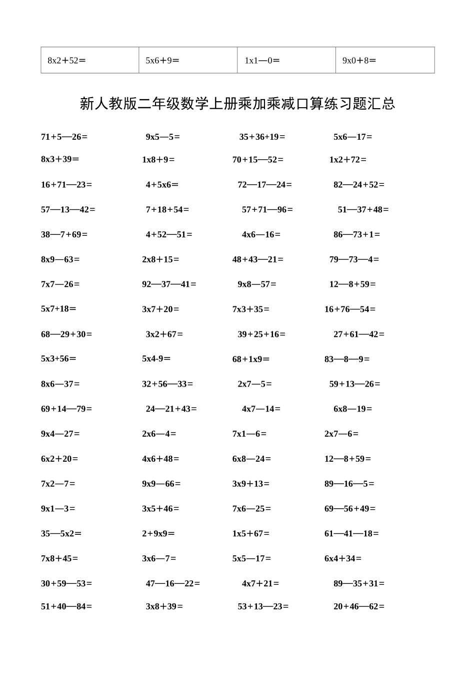 新人教版二年级数学上册乘加乘减口算练习题汇总_第1页