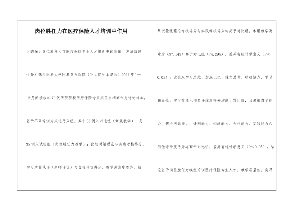 岗位胜任力在医疗保险人才培训中作用_第1页