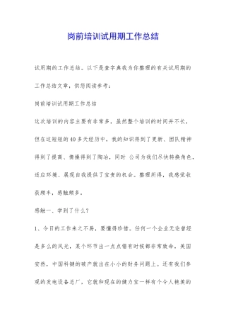 岗前培训试用期工作总结-