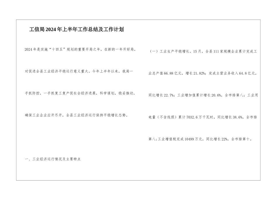 工信局2024年上半年工作总结及工作计划_第1页
