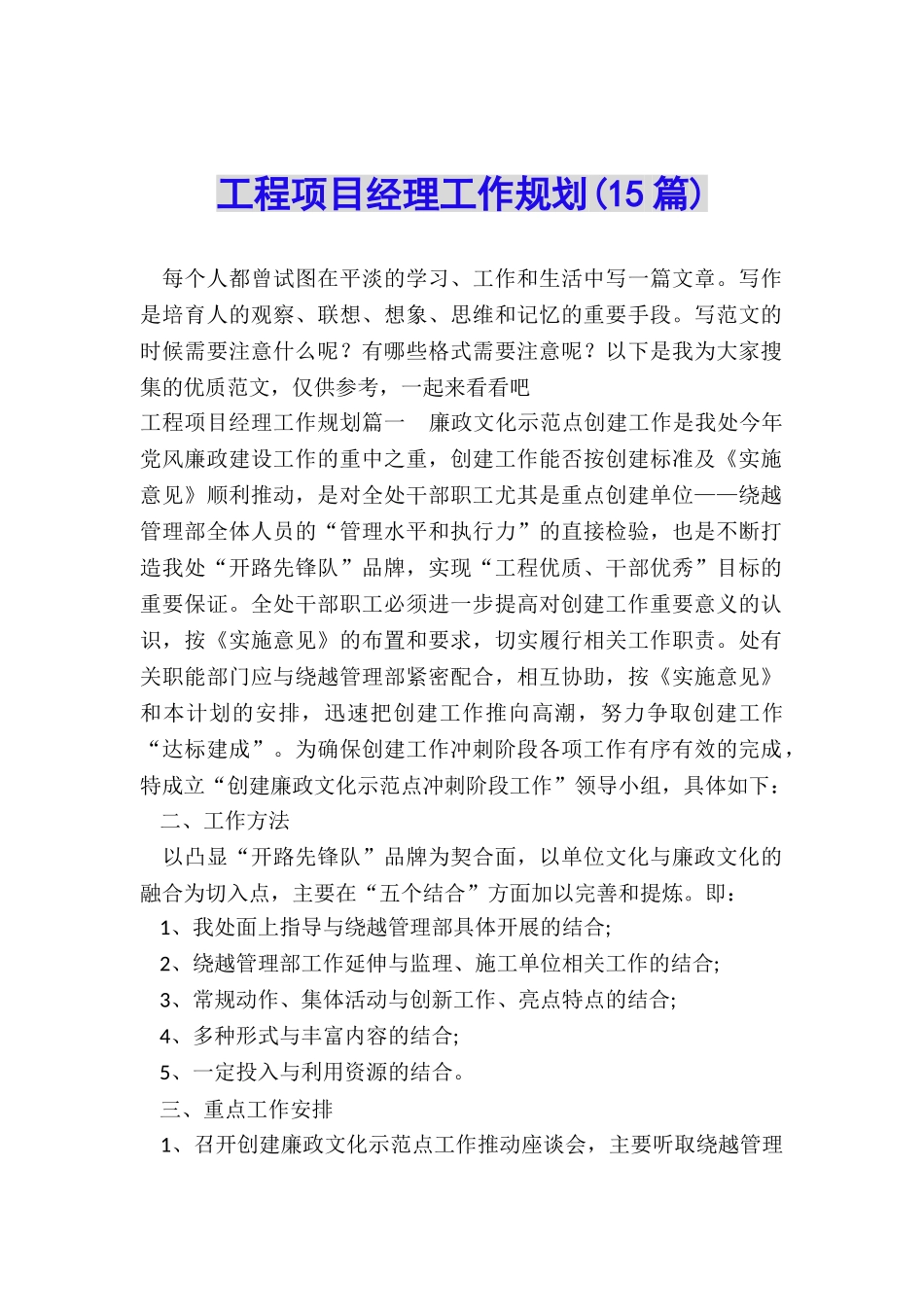 工程项目经理工作规划_第1页