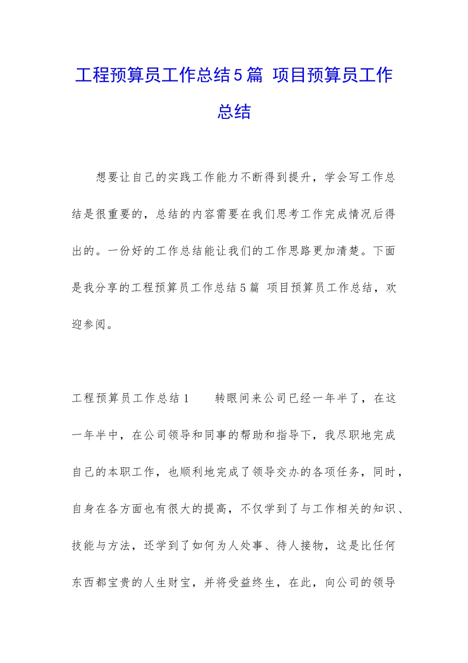 工程预算员工作总结5篇-项目预算员工作总结_第1页