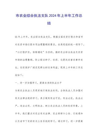 市农业综合执法支队2024年上半年工作总结-