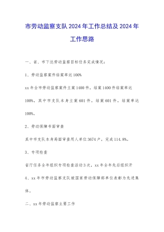 市劳动监察支队2024年工作总结及2024年工作思路-