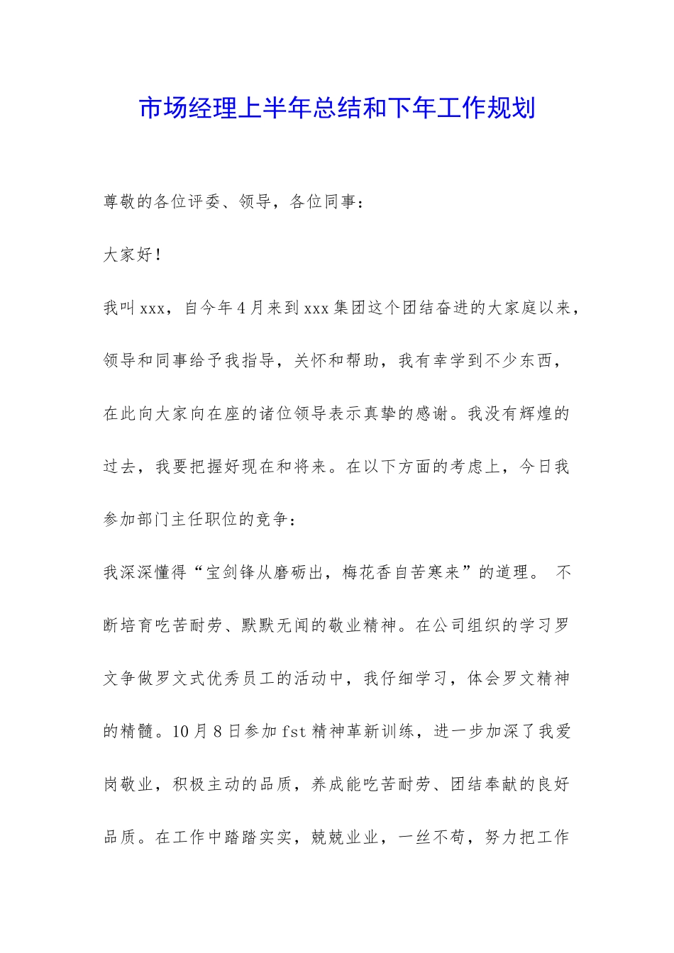 市场经理上半年总结和下年工作规划-_第1页