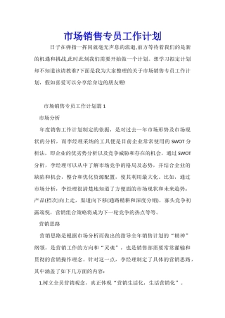 市场销售专员工作计划