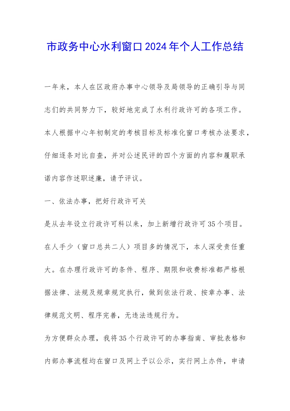 市政务中心水利窗口2024年个人工作总结-_第1页