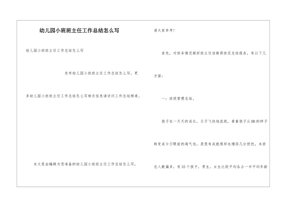 幼儿园小班班主任工作总结怎么写_第1页