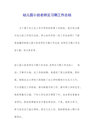 幼儿园小班老师见习期工作总结
