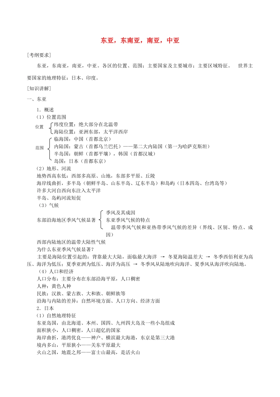 2011届高考地理二轮复习 东亚,东南亚,南亚,中亚专题讲练学案_第1页