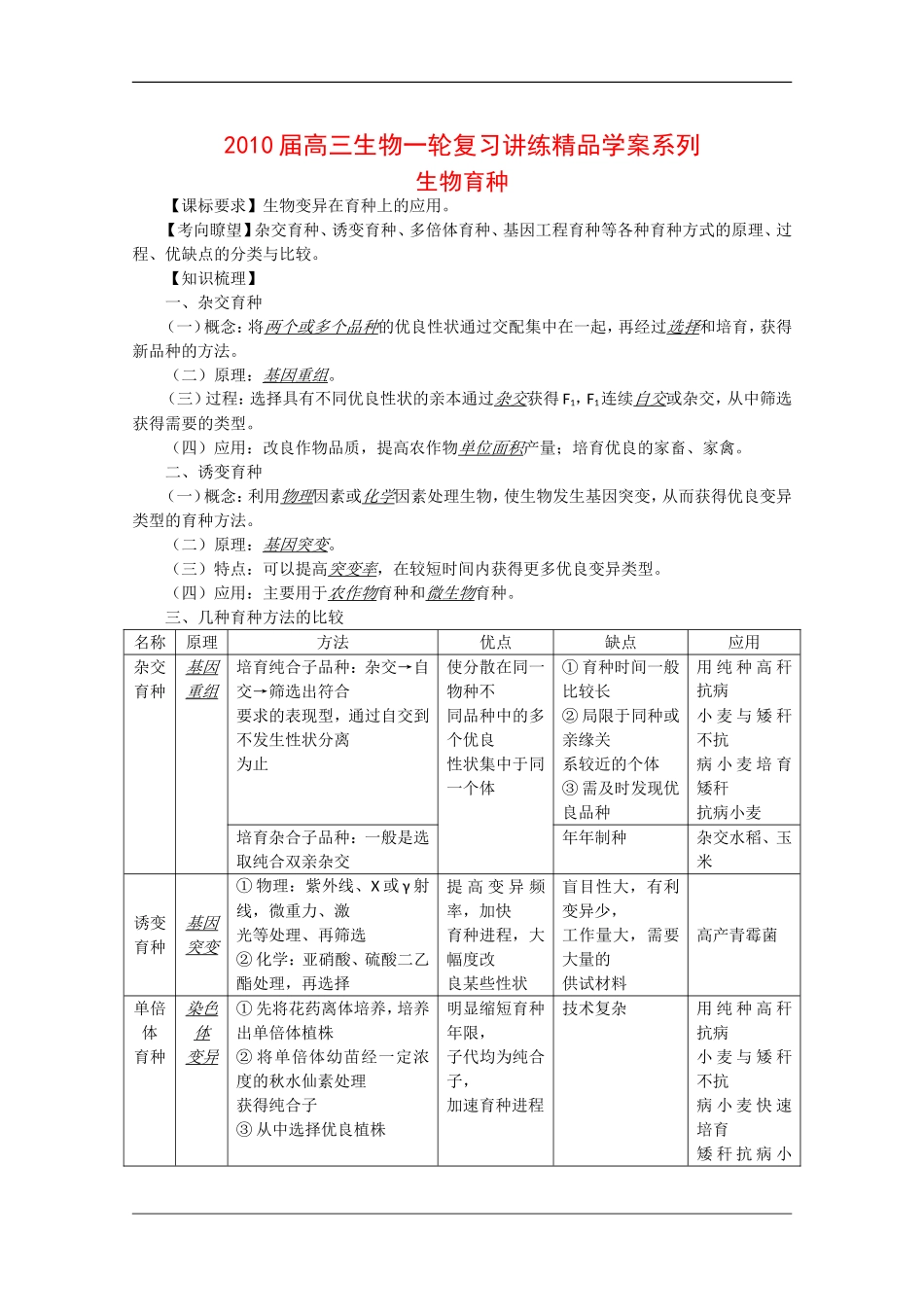 2010高三生物高考精品讲练系列学案：生物育种_第1页