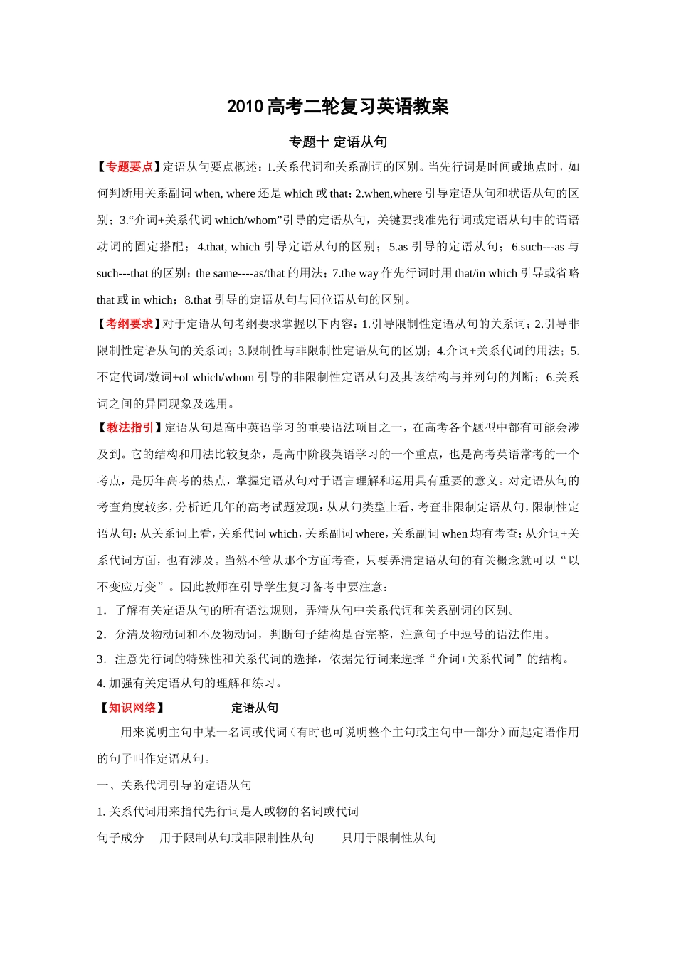 2010高考二轮复习英语教案——专题十 定语从句_第1页