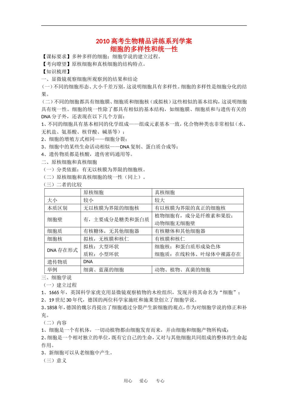 2010高三生物高考精品讲练系列学案：细胞的多样性和统一性_第1页