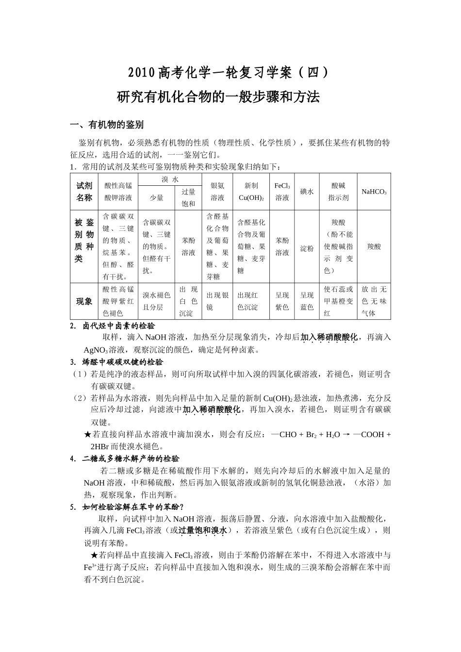 2010高考化学一轮复习学案（四）研究有机化合物的一般步骤和方法_第1页