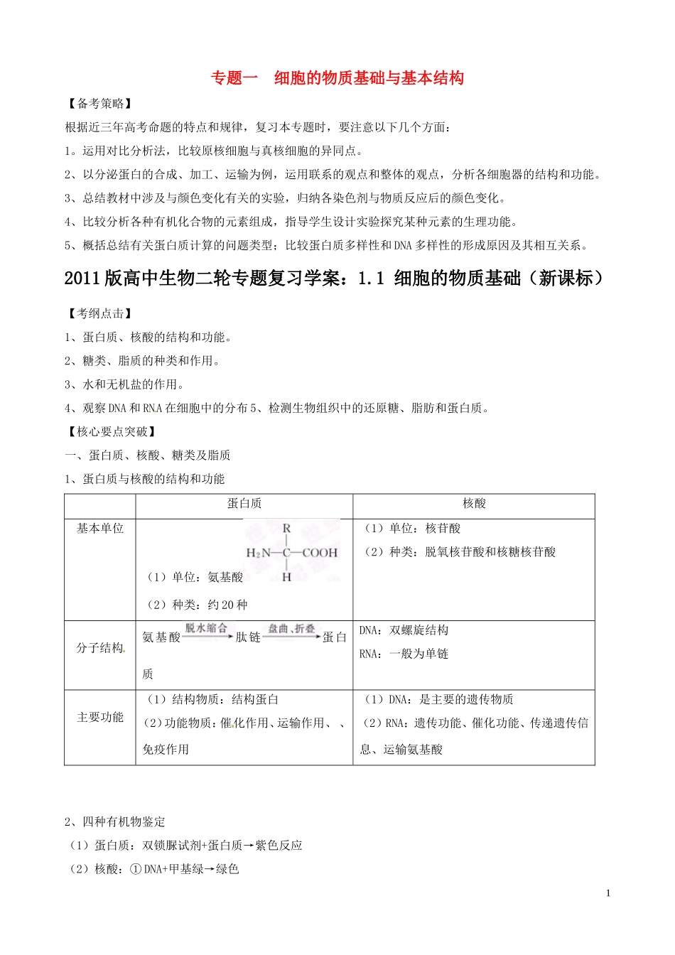 2011届高考生物二轮复习 1.1 细胞的物质基础学案 新人教版_第1页