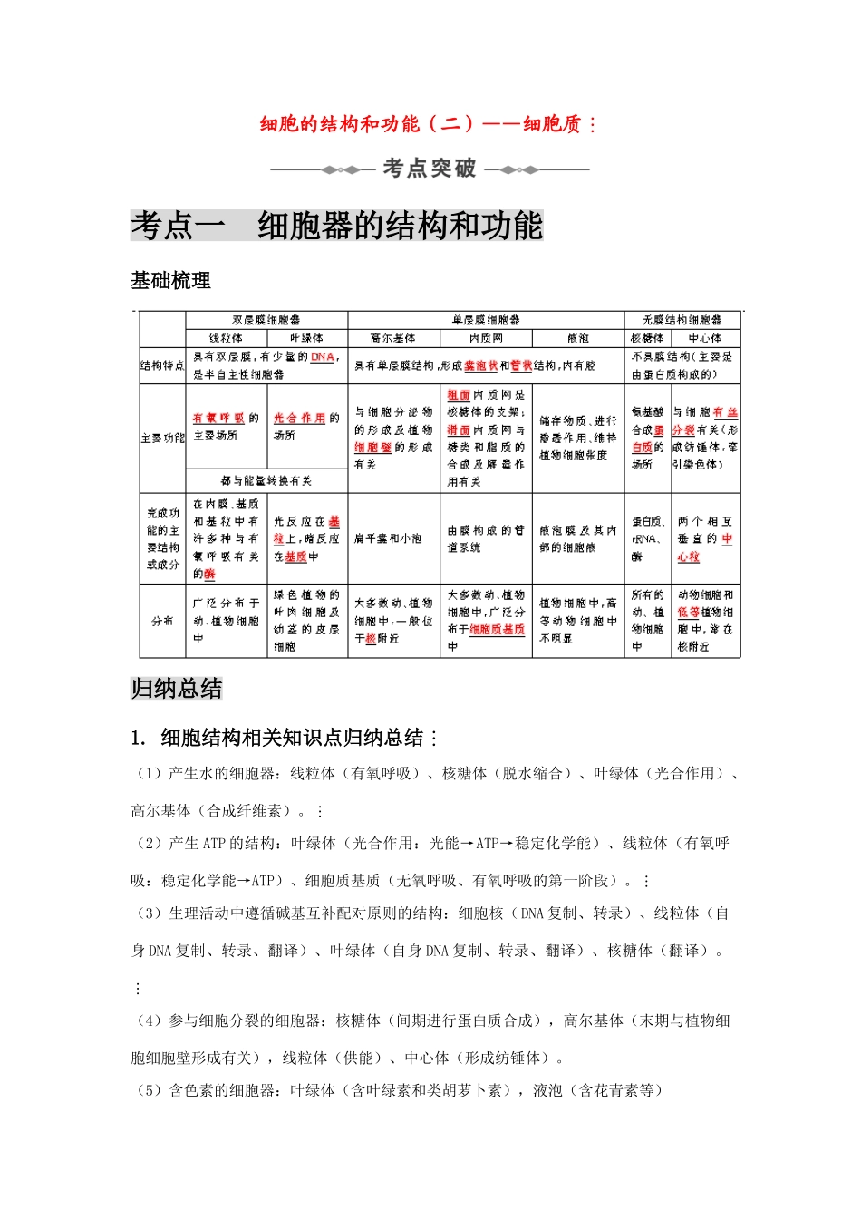 2010高三生物一轮复习-细胞的结构和功能（二）——细胞质教案_第1页