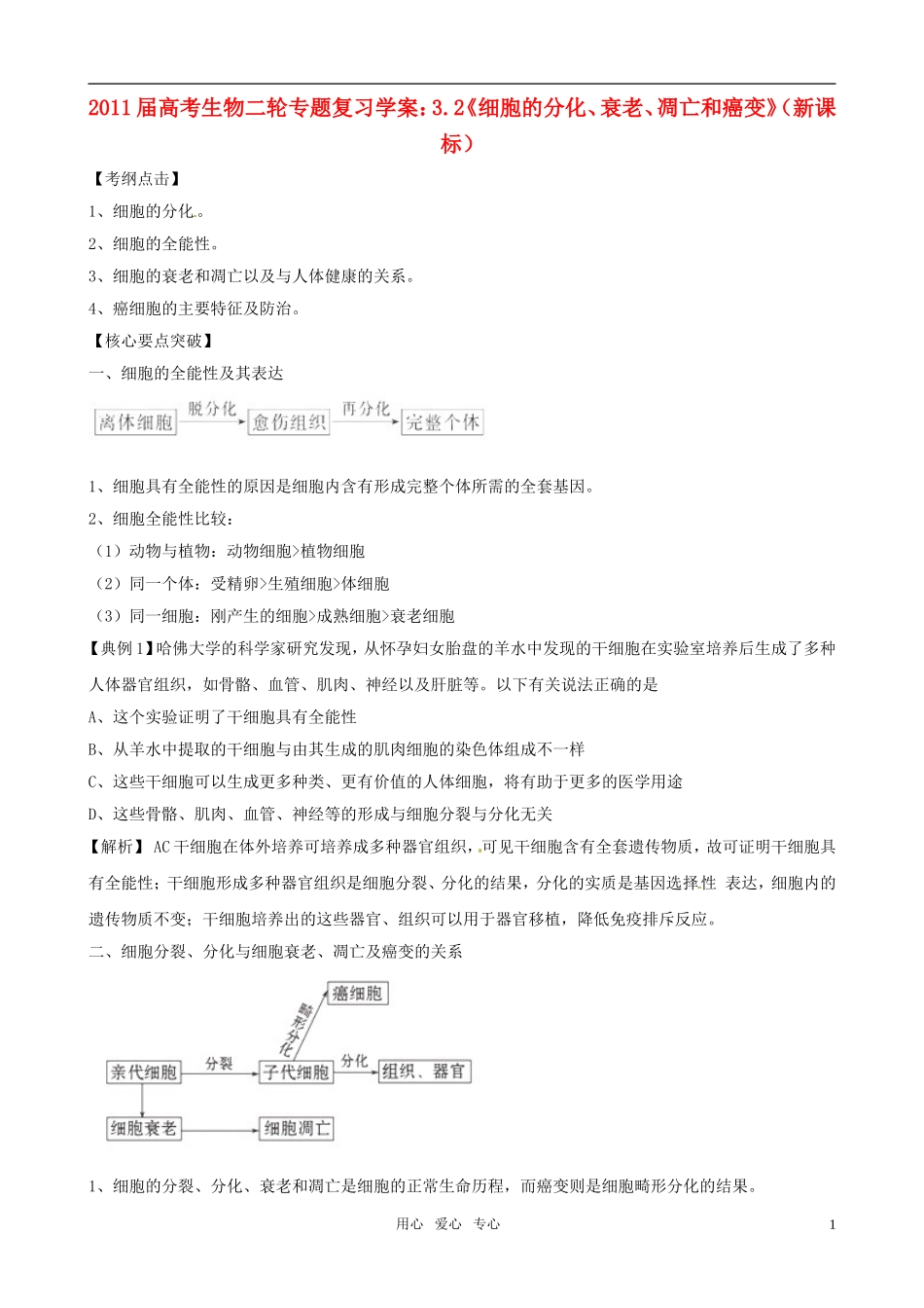2011届高考生物二轮复习 3.2《细胞的分化、衰老、凋亡和癌变》专题学案 新人教版_第1页