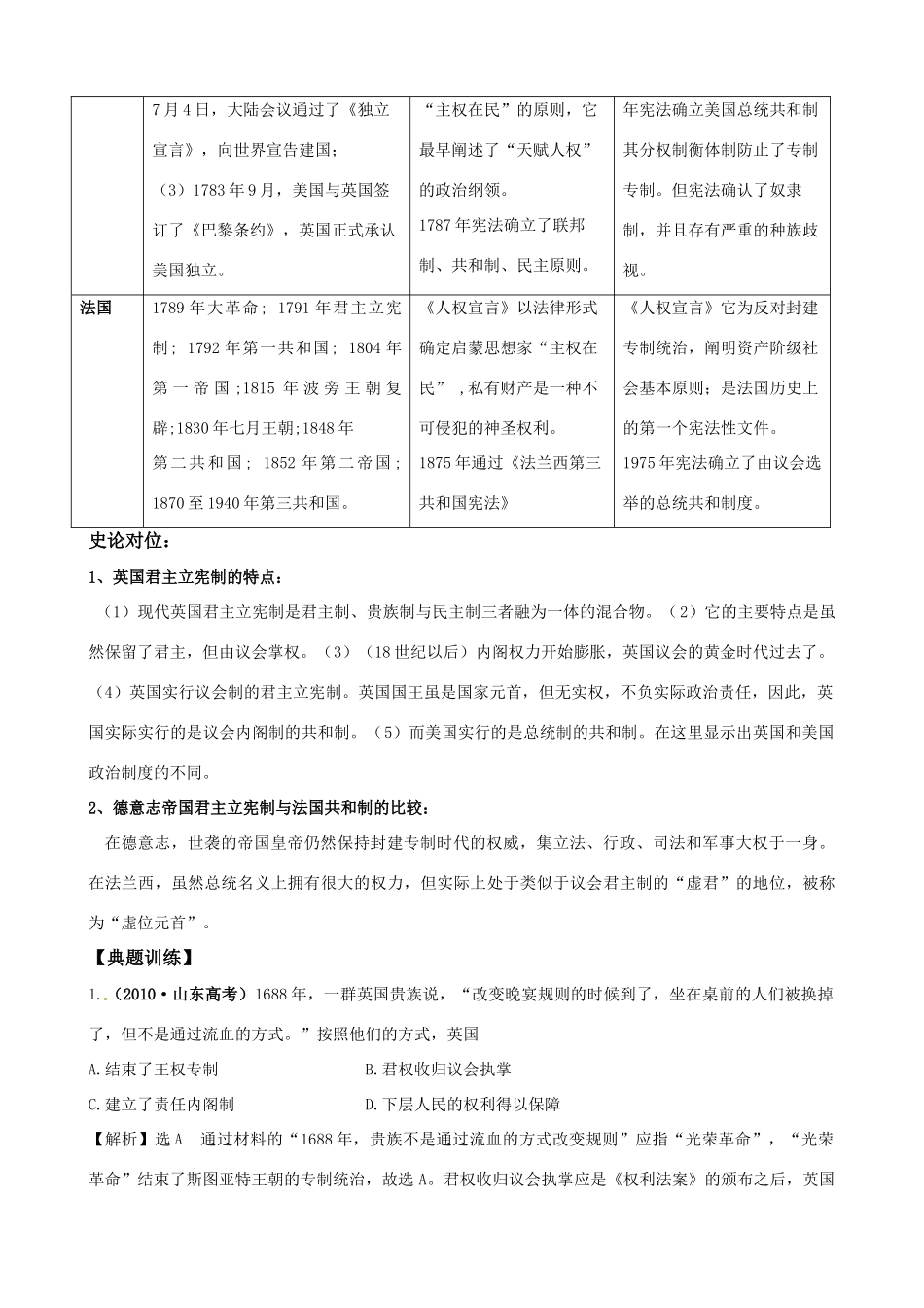 2011届高考历史二轮专题复习 51 世界近代政治文明学案_第2页