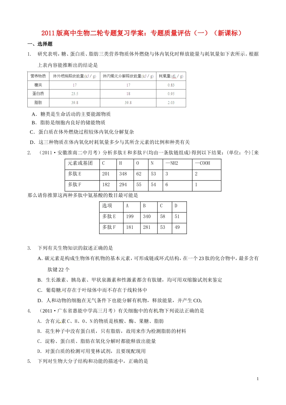 2011届高考生物二轮复习 专题质量评估（1）学案 新人教版_第1页