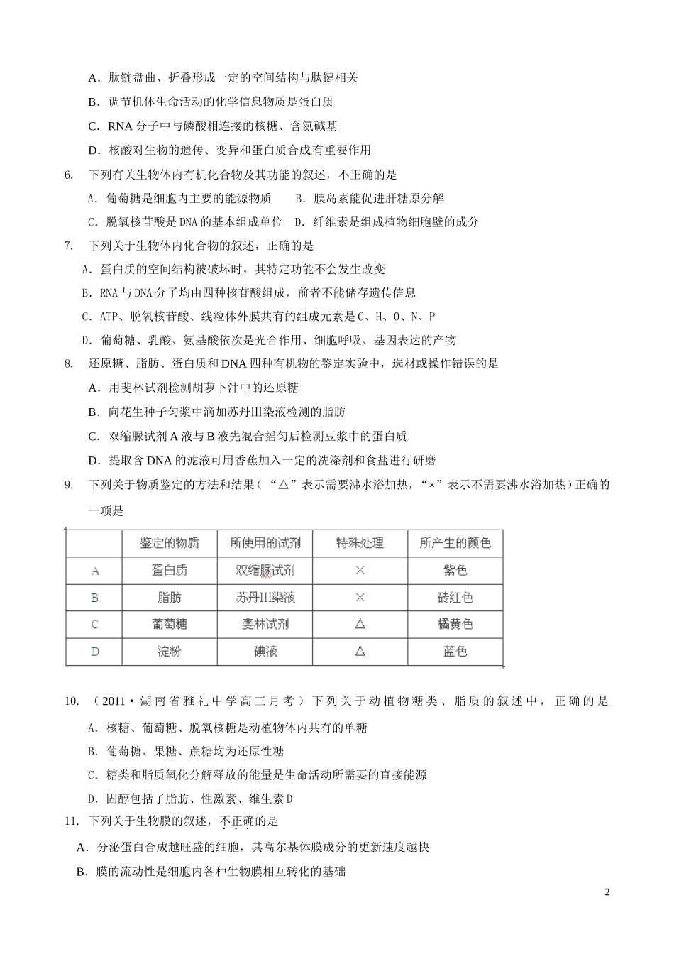 2011届高考生物二轮复习 专题质量评估（1）学案 新人教版_第2页