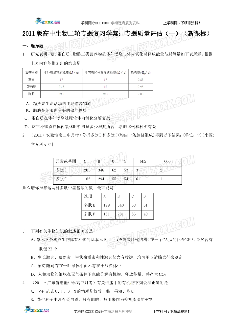 2011届高考生物二轮复习 专题质量评估学案 新人教版_第1页