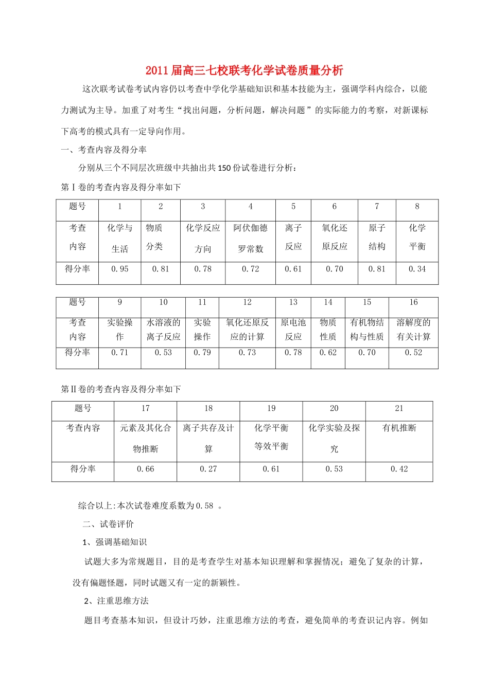2011届高三化学 质量分析及建议素材 新人教版_第1页