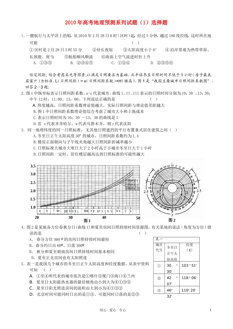 2010年高考地理 预测系列试题（1）选择题教案_第1页