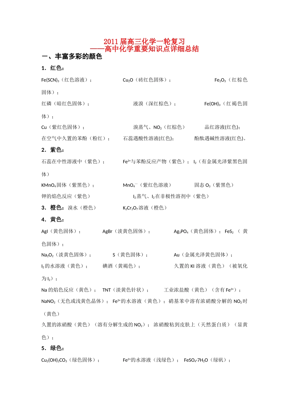 2011届高三化学一轮复习——高中化学重要知识点详细总结素材 新人教版_第1页