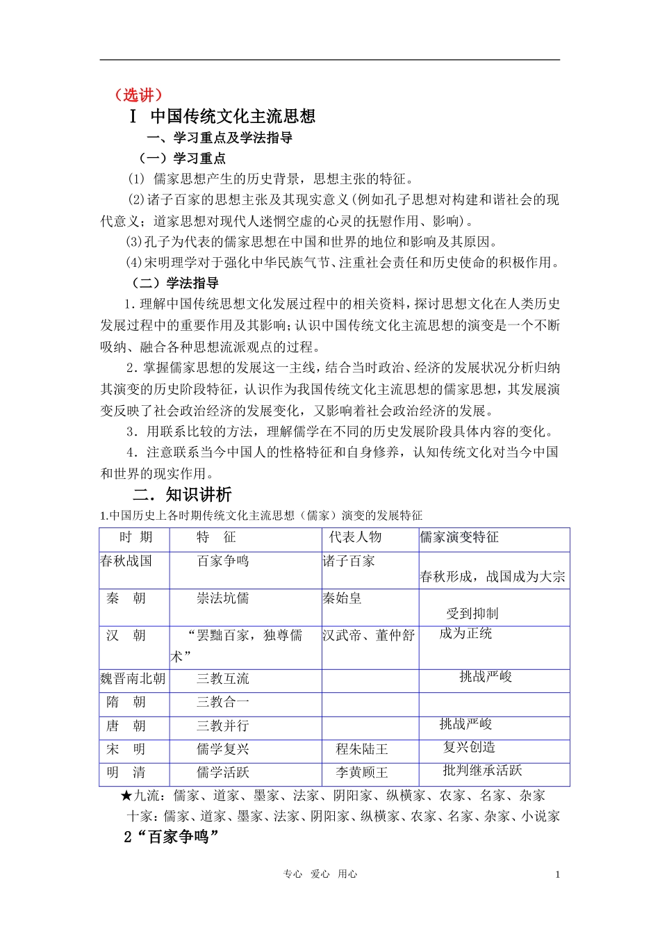 2011届高三历史高考辅导讲座 中国传统文化主流思想和西方人文主义 人民版_第1页