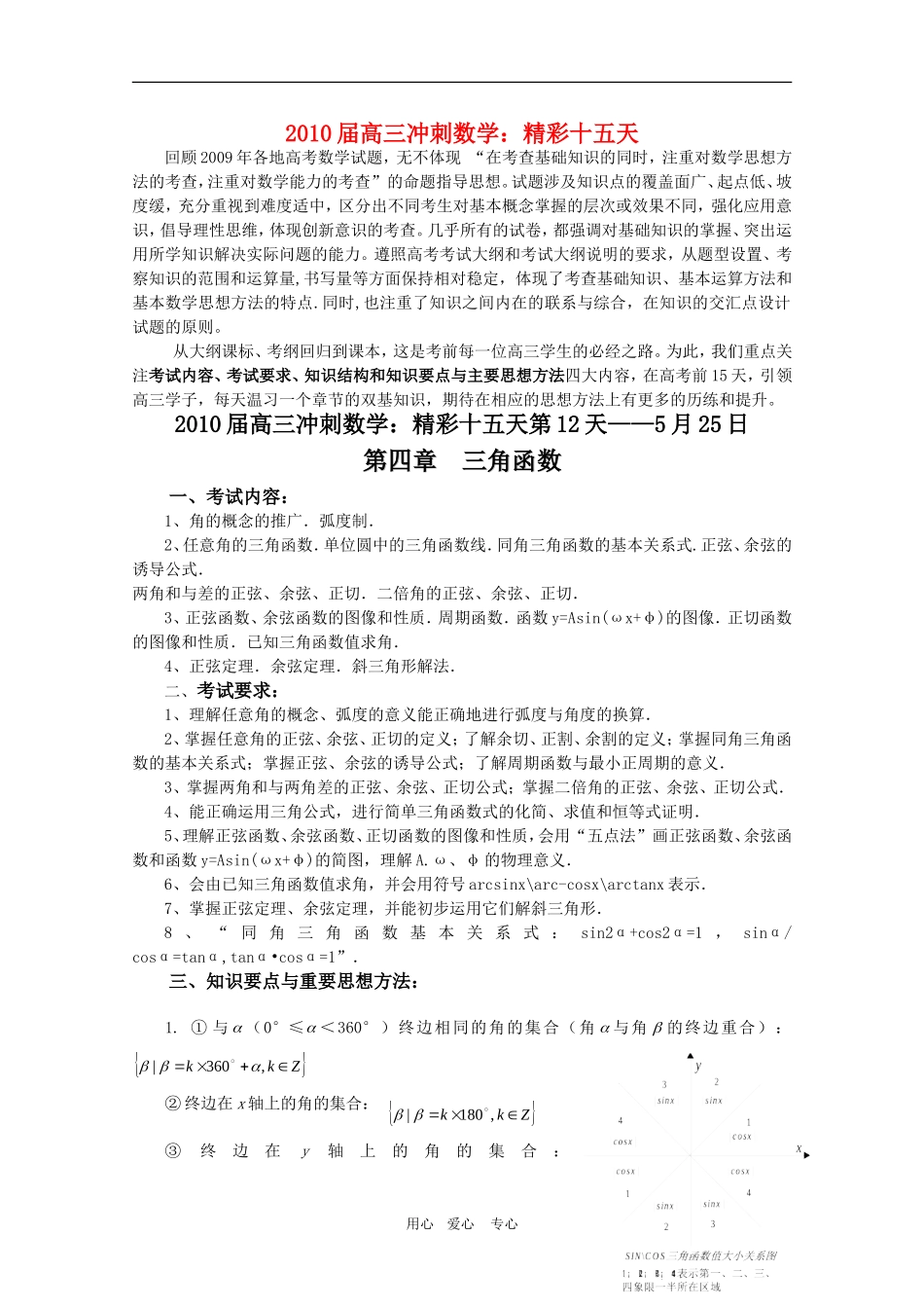 2010高三数学高考冲刺：精彩十五天（第12天）第四章 三角函数学案_第1页
