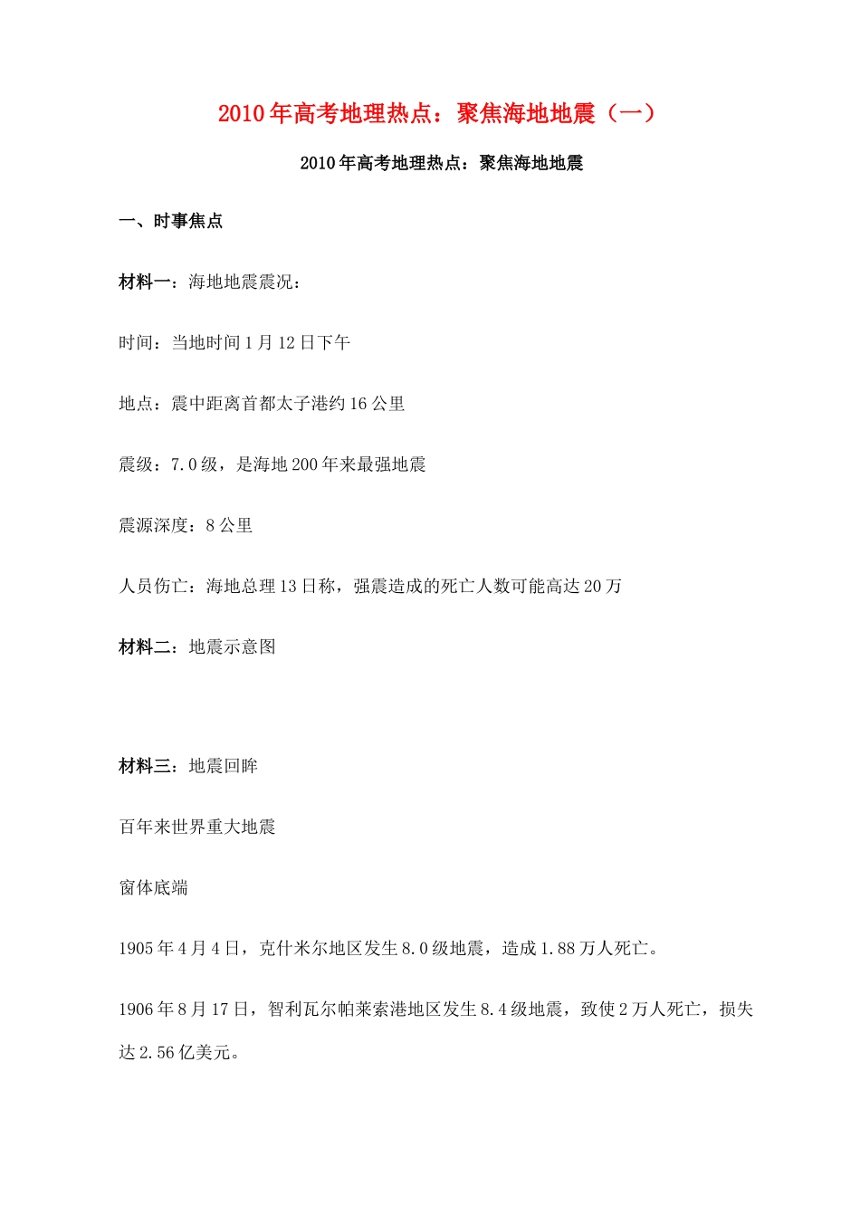 2010年高考地理热点 聚焦海地地震（1）_第1页