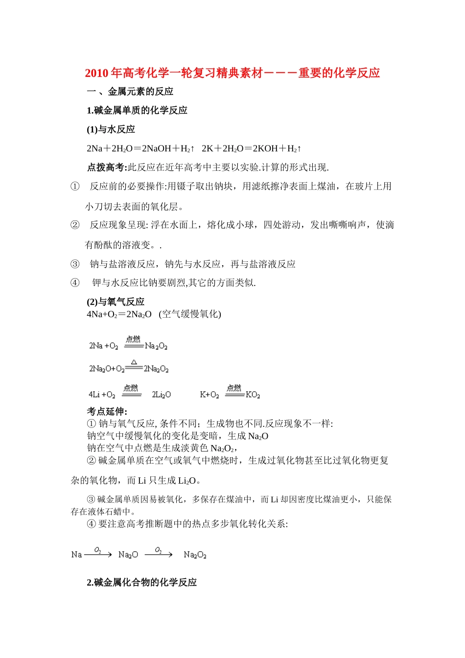 2010年高考化学一轮复习精典素材―――重要的化学反应_第1页