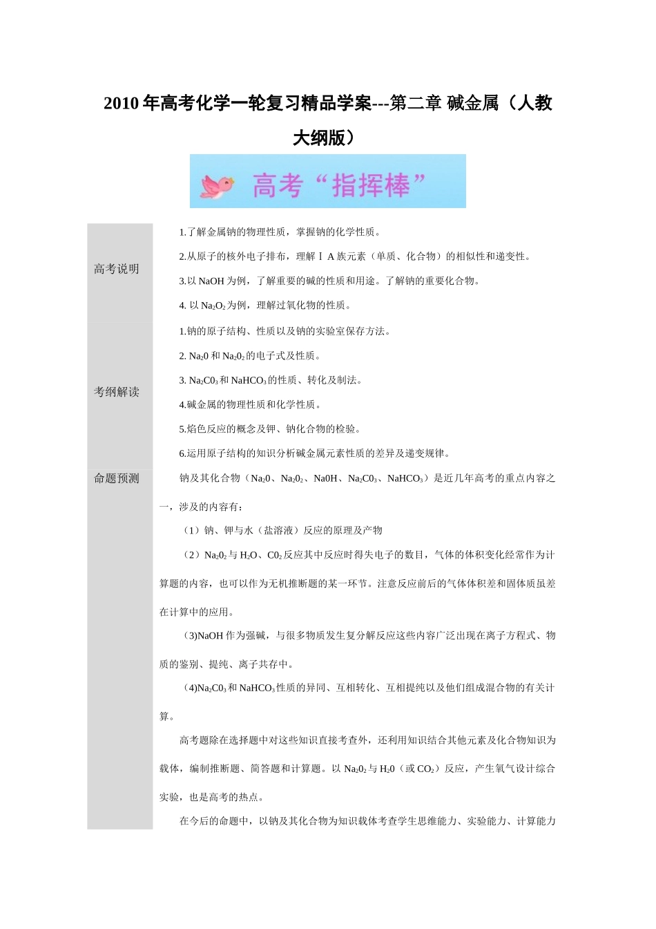 2010年高考化学一轮复习精品学案---第二章 碱金属（人教大纲版）_第1页