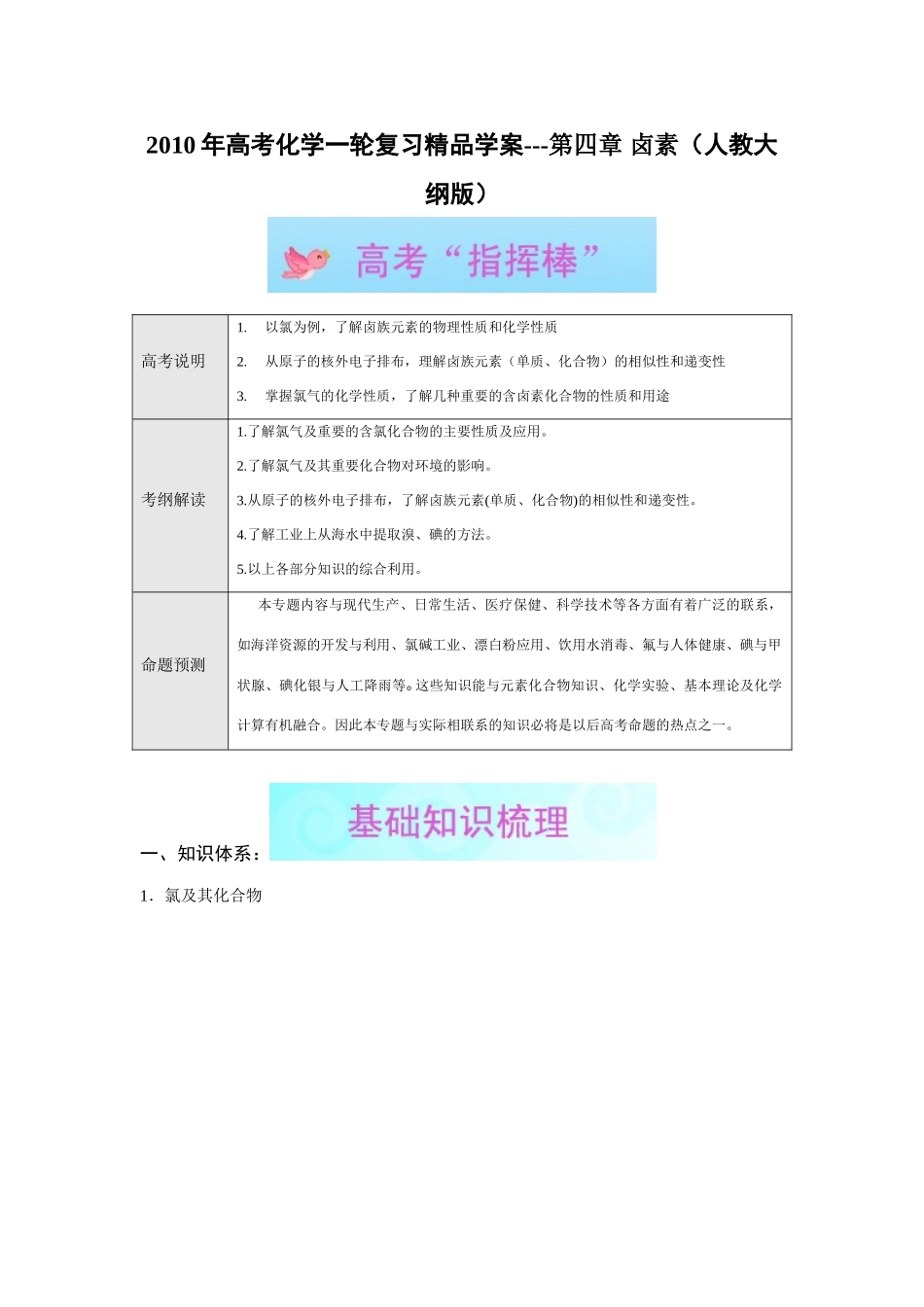 2010年高考化学一轮复习精品学案---第四章 卤素（人教大纲版）_第1页