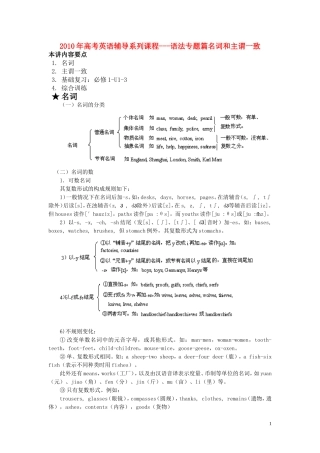 2010高考英语 （1）--名词与主谓一致-单词-U1-3语法专题讲义 新人教版