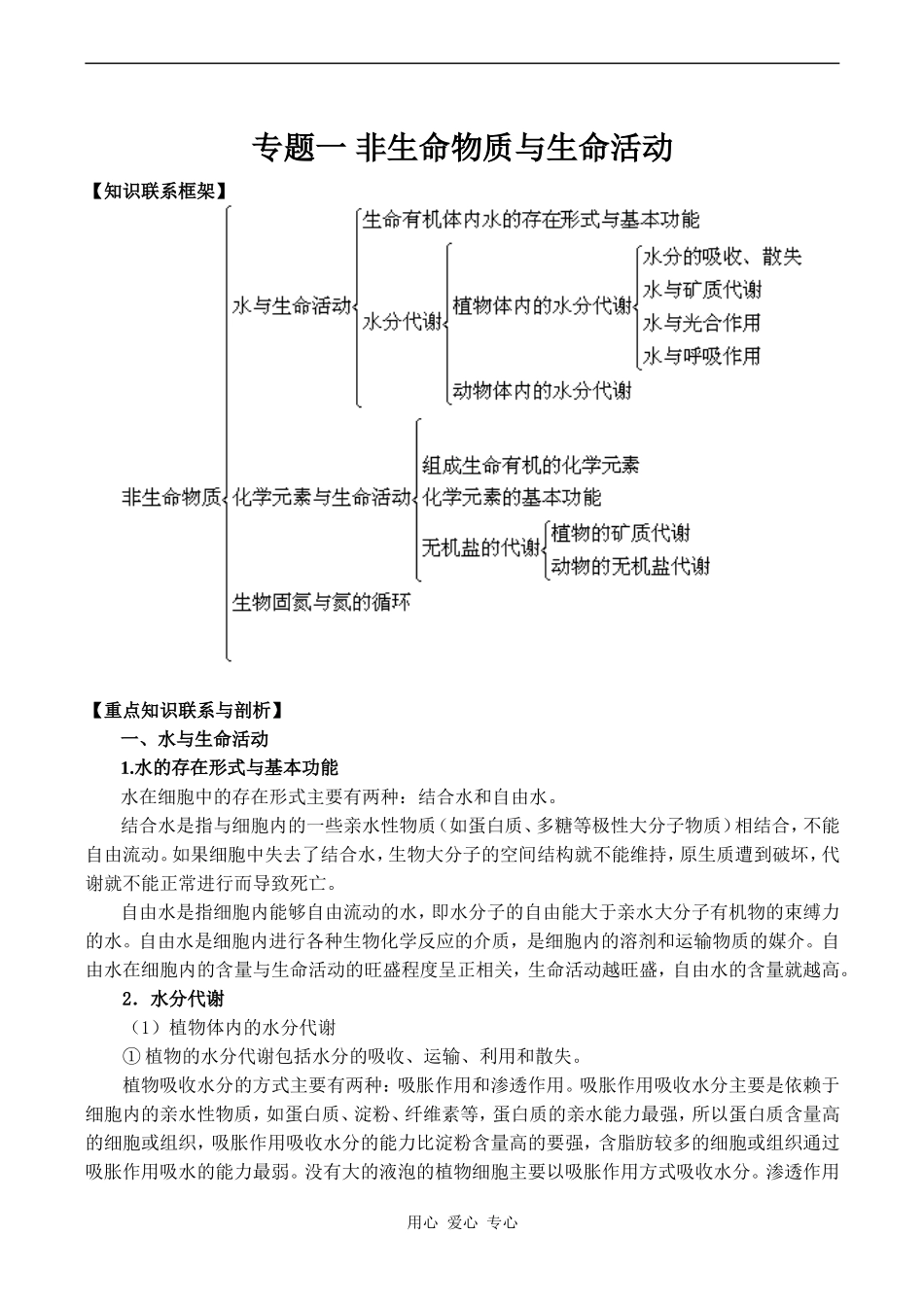 2010年高考生物特约精品教学案专题一 非生命物质与生命活动_第1页