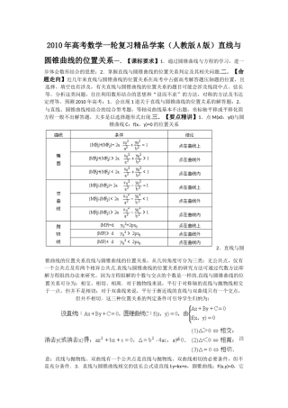 2010年高考数学一轮复习精品学案 直线与圆锥曲线的位置关系人教版A版