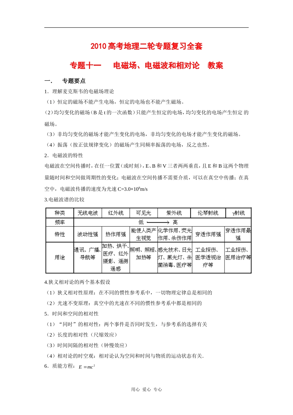 2010高三物理高考二轮复习学案（11）电磁场、电磁波和相对论-教案、学案、习题全_第1页