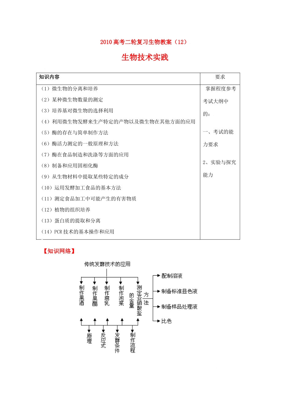 2010高中生物高考二轮复习教案（12）技术实践全国通用_第1页