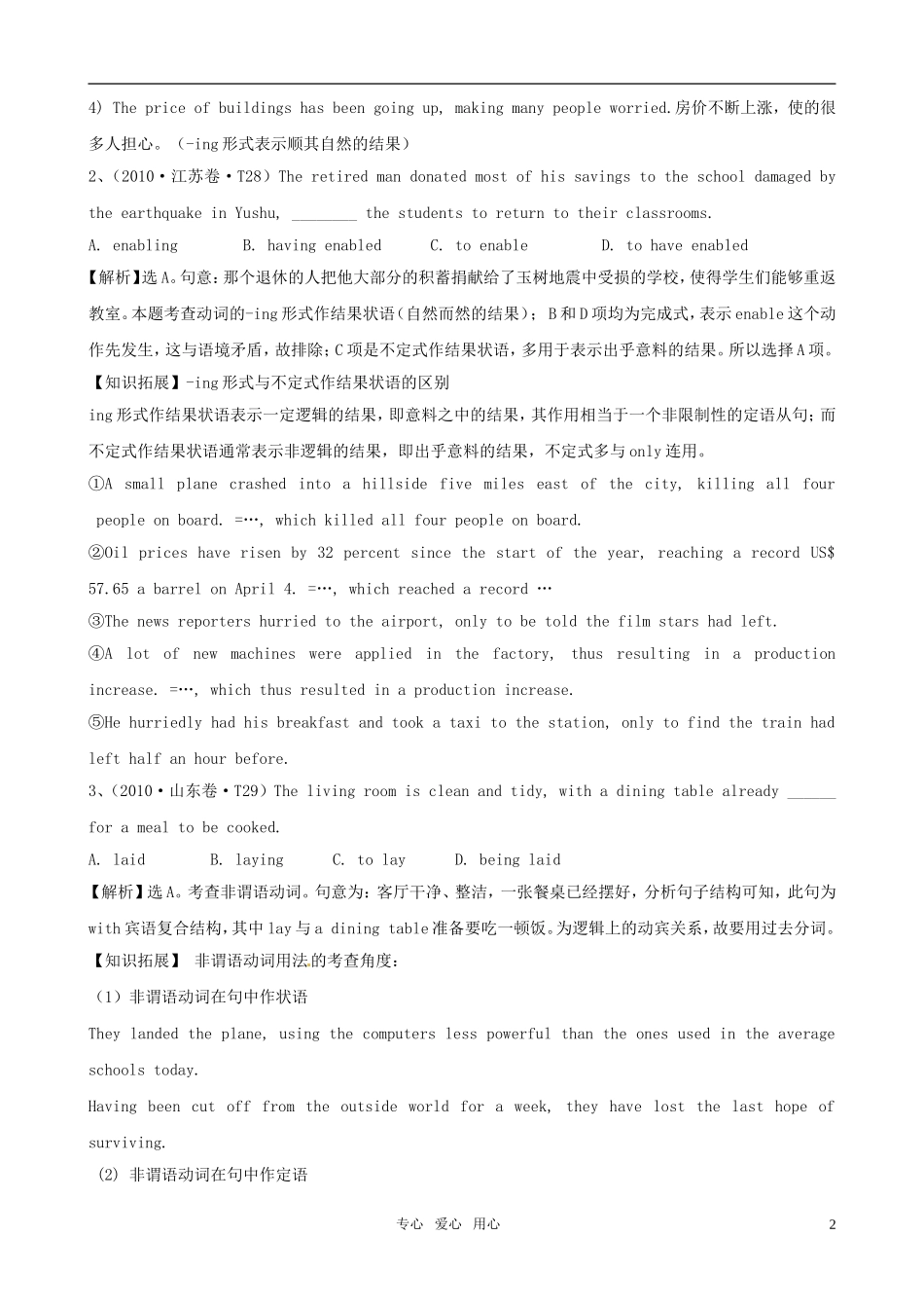 2011届高考英语二轮专题复习 专题1 语法和词汇知识之非谓语动词（9）学案 新人教版_第2页