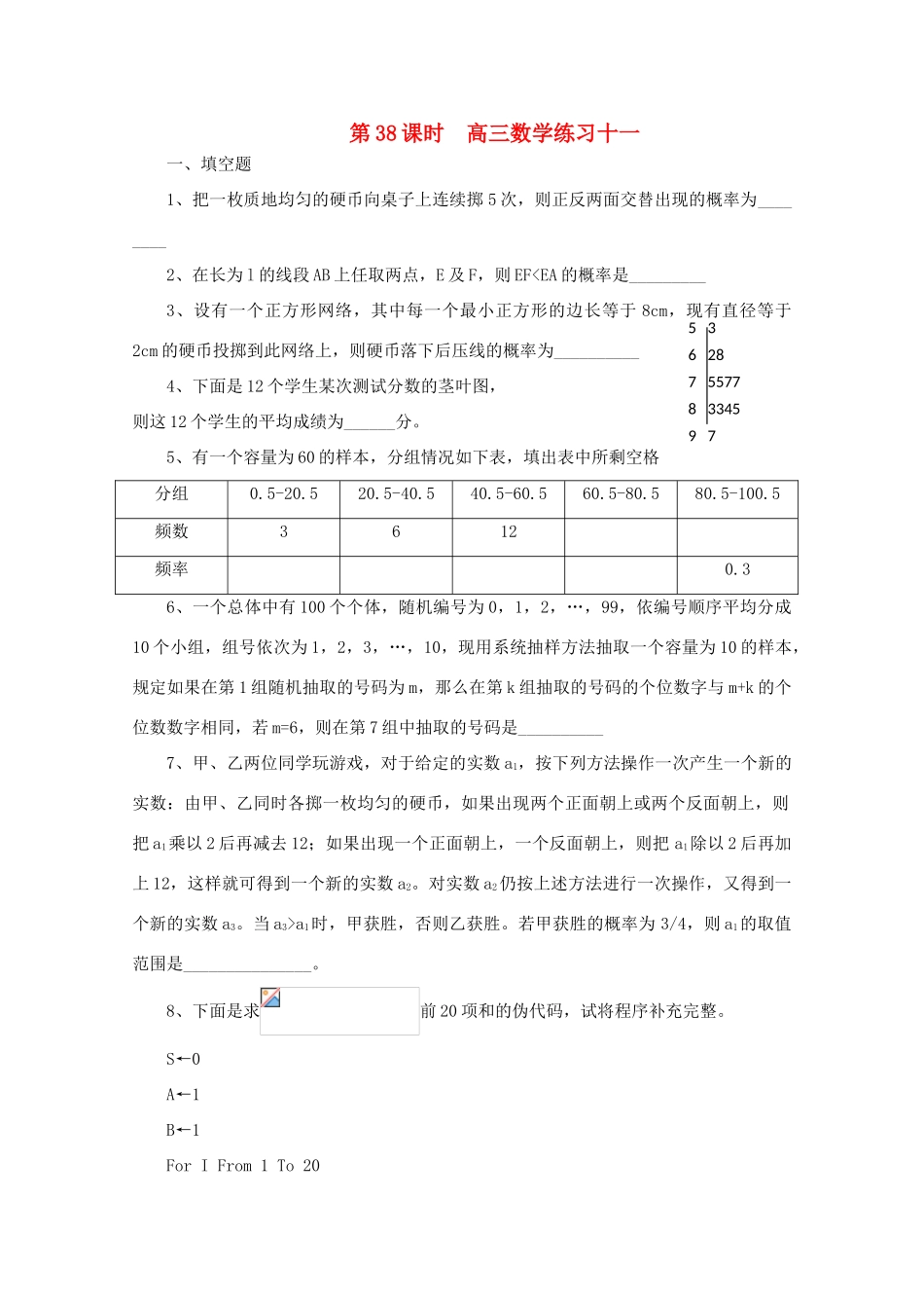 2011届高三数学二轮复习 39.高三数学综合练习十一（无答案）教学案 旧人教版_第1页