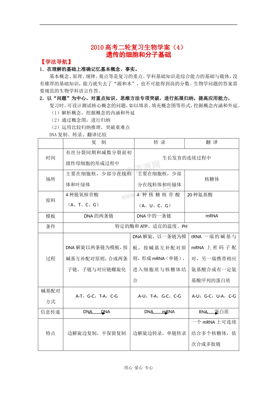 2010高中生物高考二轮复习学案（4）遗传的细胞基础和分子基础_第1页