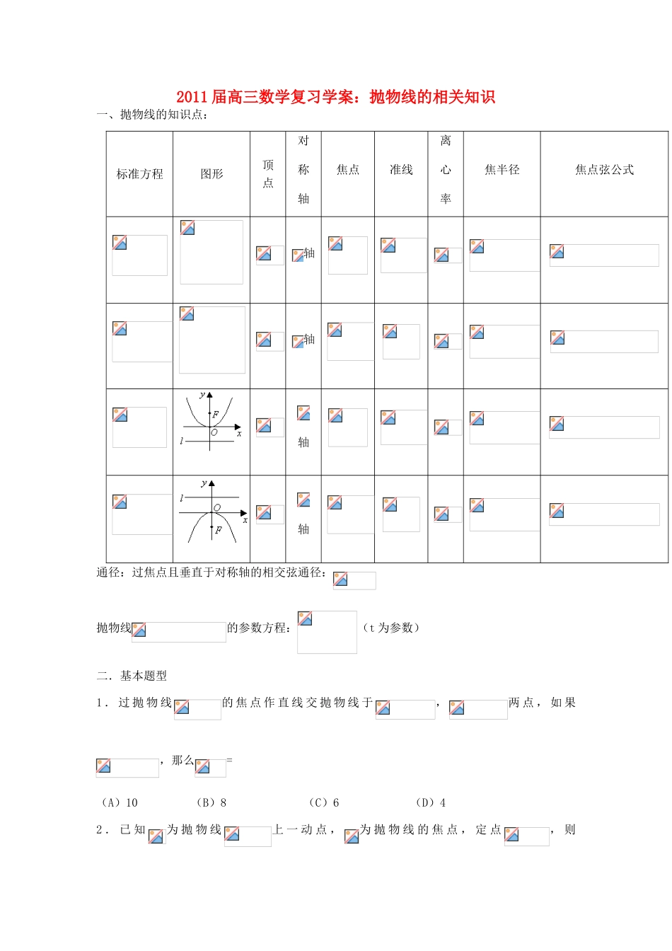 2011届高三数学复习学案：抛物线的相关知识 新人教A版_第1页
