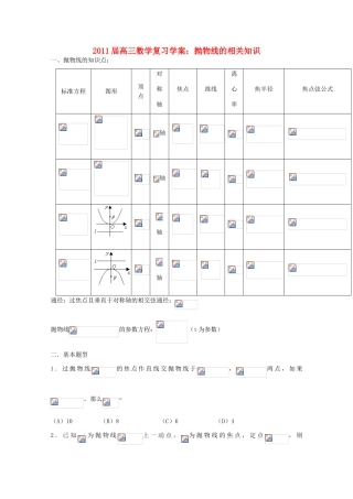 2011届高三数学复习学案：抛物线的相关知识 新人教A版