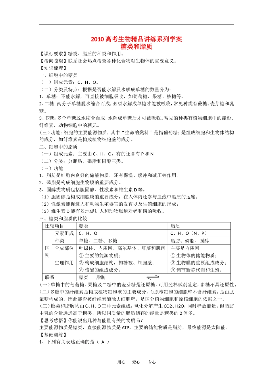 2010高中生物高考精品讲练系列学案：糖类和脂质_第1页