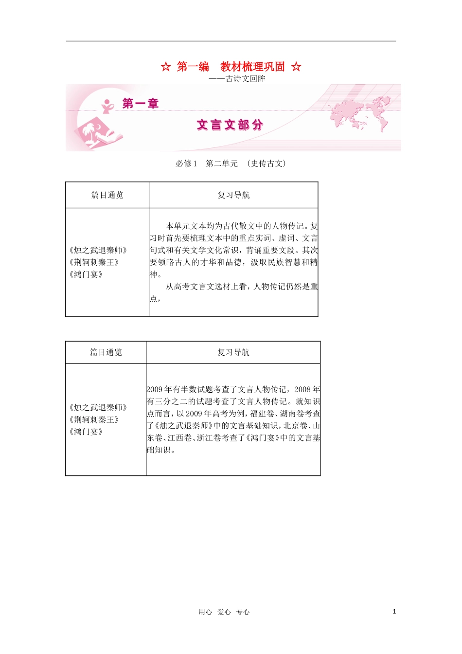 2011届高考语文 史传古文文言文复习学案 必修1_第1页