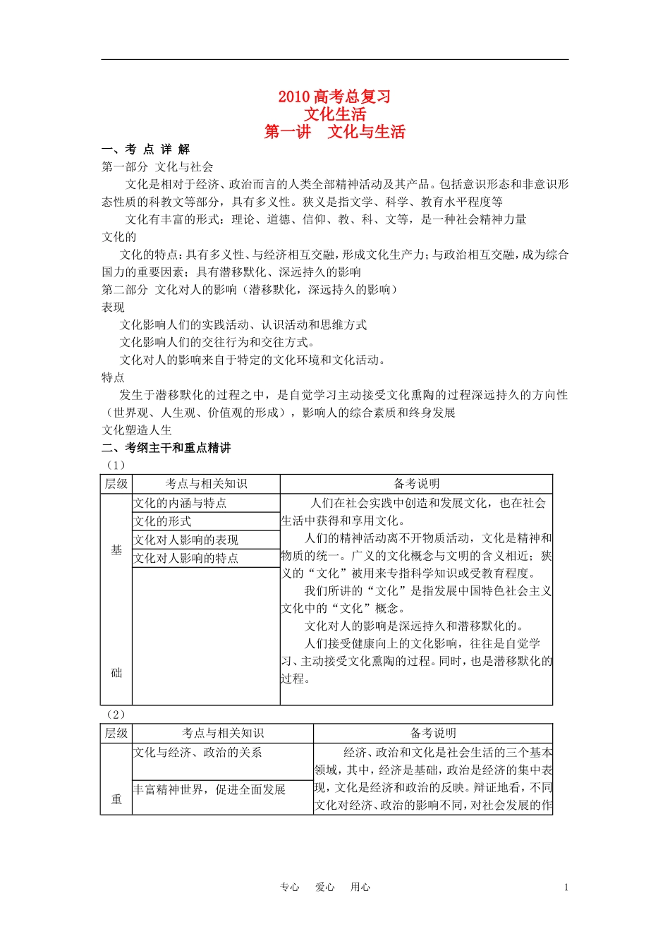 2010高考政治总复习 文化生活 第一讲 文化与生活教案 人民版必修3_第1页