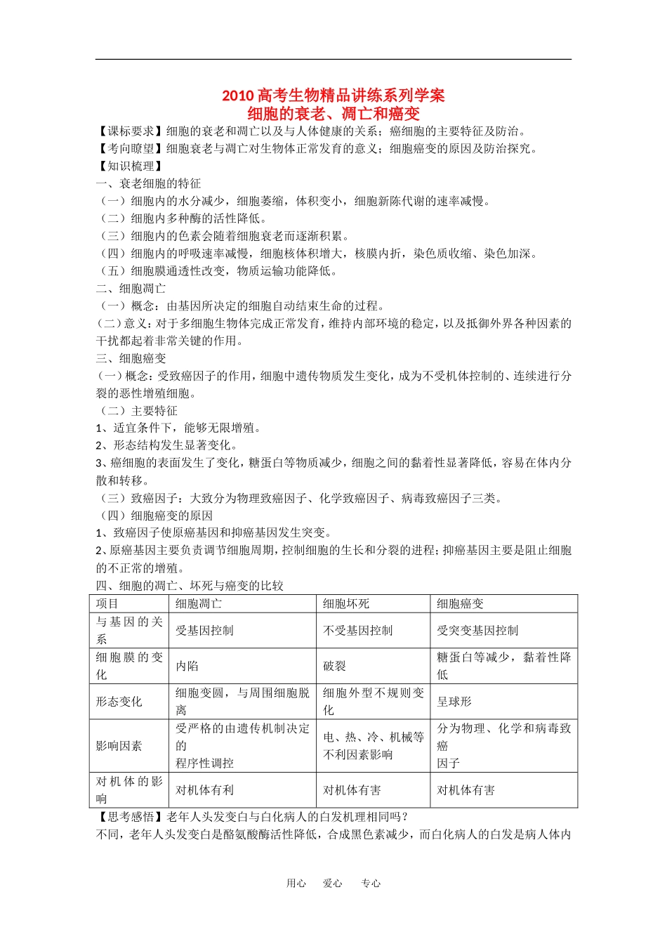 2010高中生物高考精品讲练系列学案：细胞的衰老、凋亡和癌变_第1页