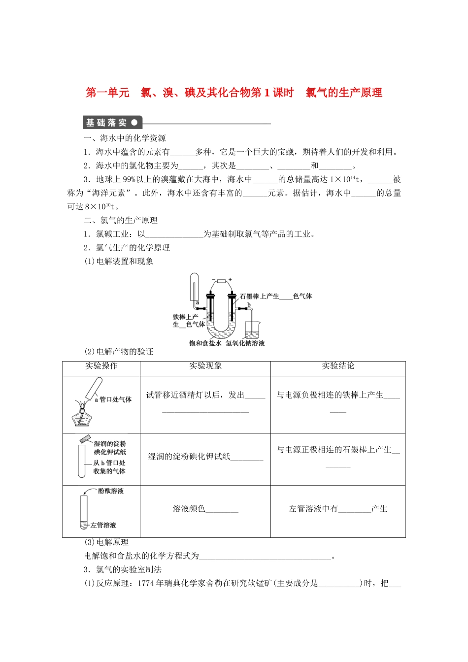 2011-2012学年高中化学 专题2 从海水中获得的化学物质 2.1氯、溴、碘及其化合物同步教学案 苏教版必修1_第1页