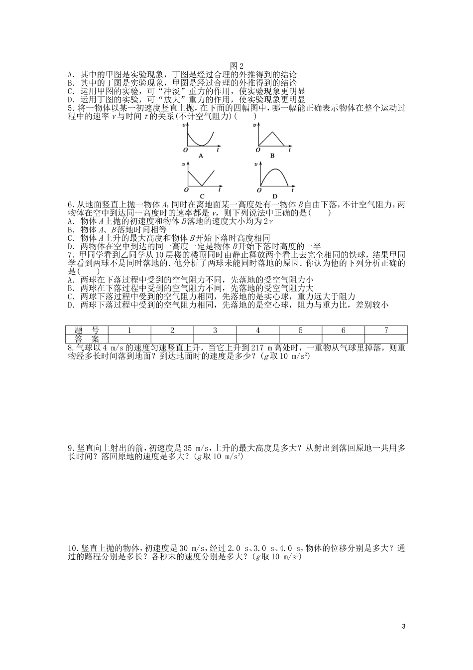 2011—2012学年高中物理 第2章 匀变速直线运动的研究：第6节 伽利略对自由落体运动的研究同步教学案 新人教版必修1_第3页